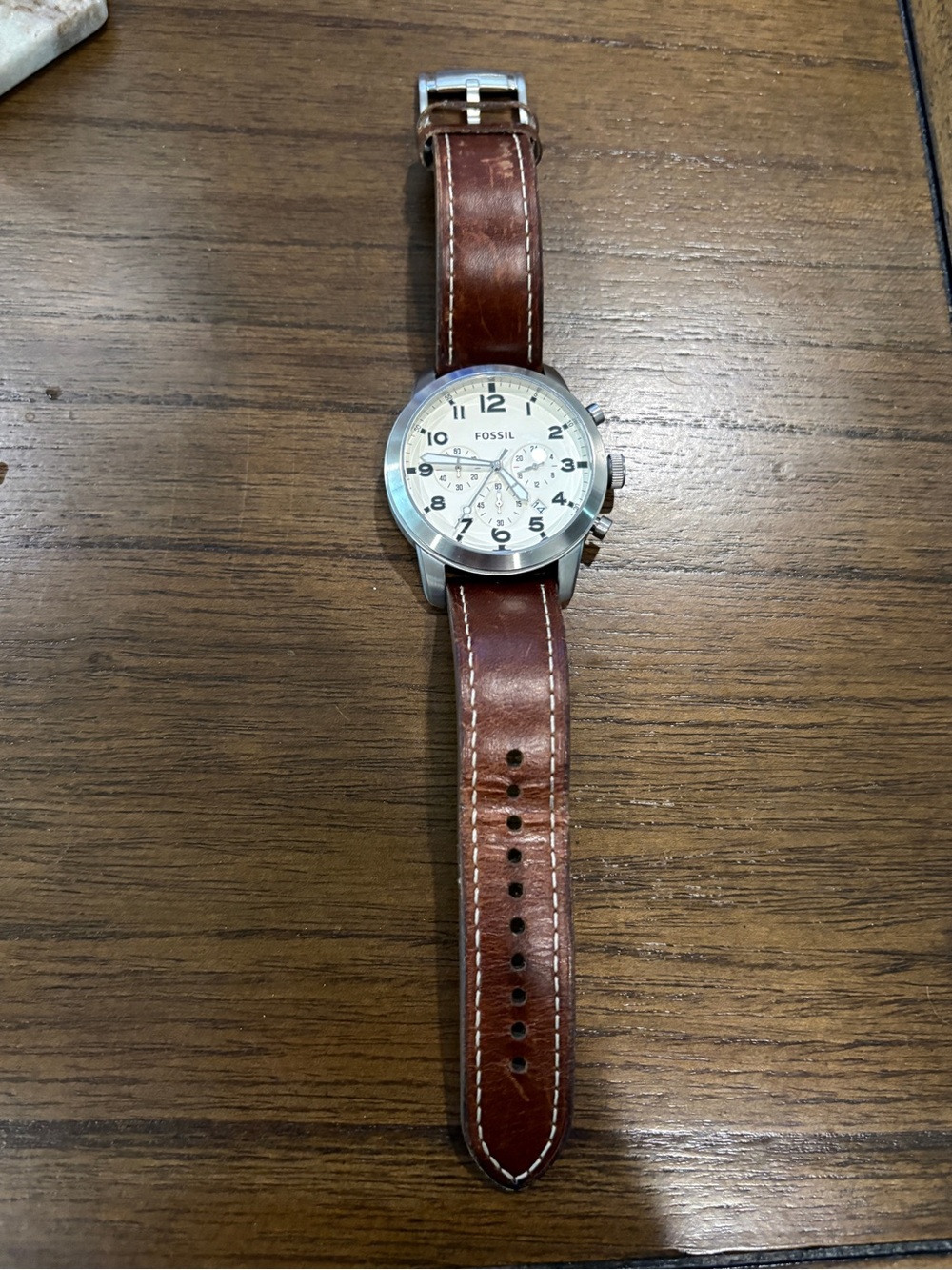 Fossil White Dial Brown Strap Watch